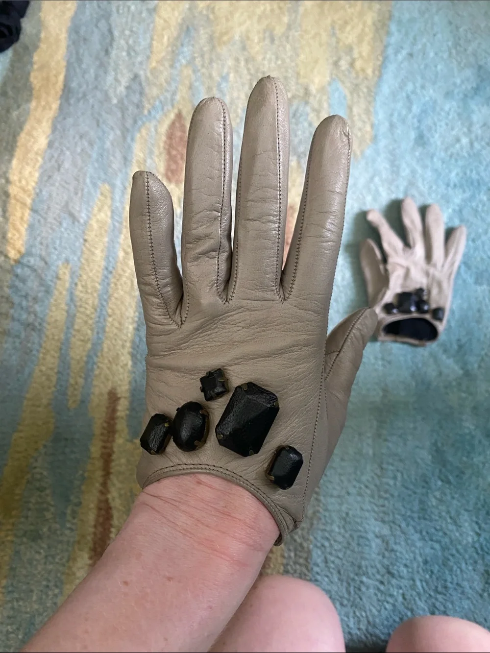 3.1 Phillip Lim Taupe Leather Gloves with Black Jewel Embellishments